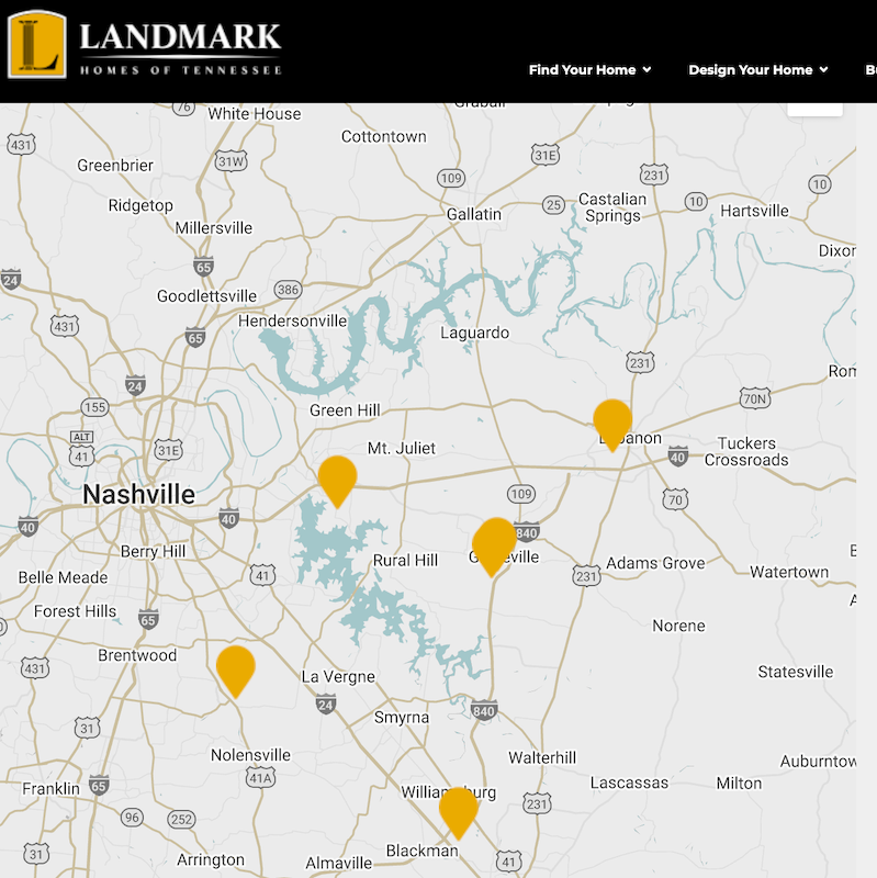Map showing operating area and active selling neighborhoods of Landmark Homes of Tennessee