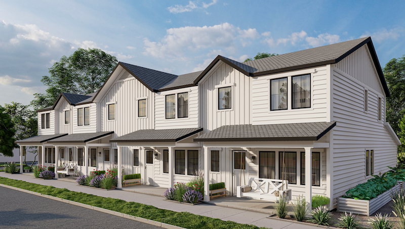 A row of attached townhomes in a single-family build-to-rent community