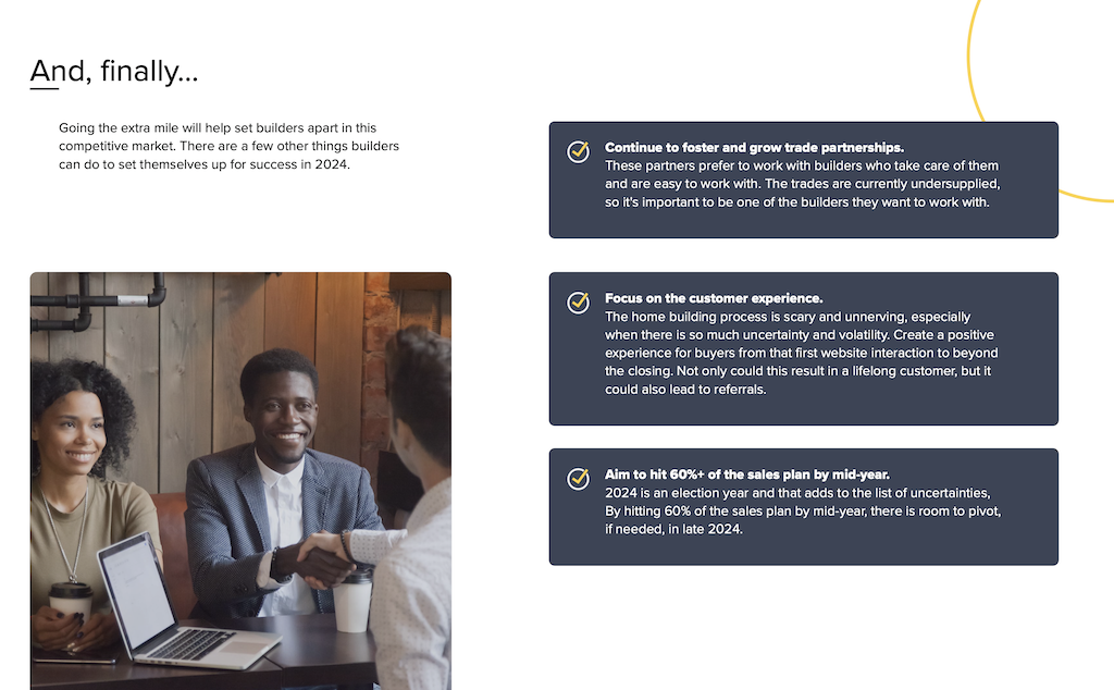 Slide image shows three tactical recommendations for homebuilders to set themselves apart in 2024.