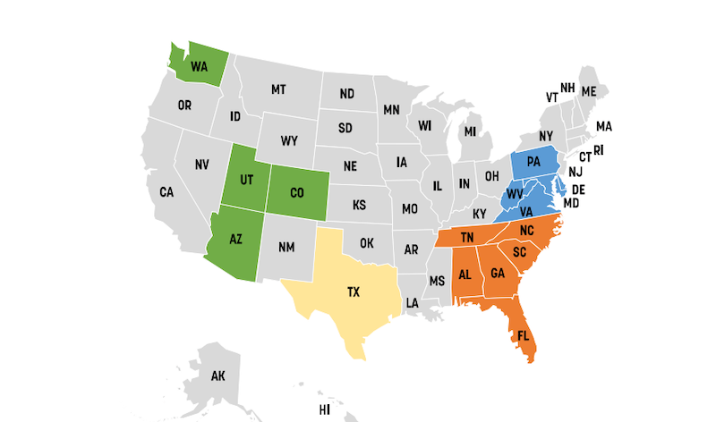 A U.S. map of Sumitomo Forestry Group, Inc. American homebuilding operating areas