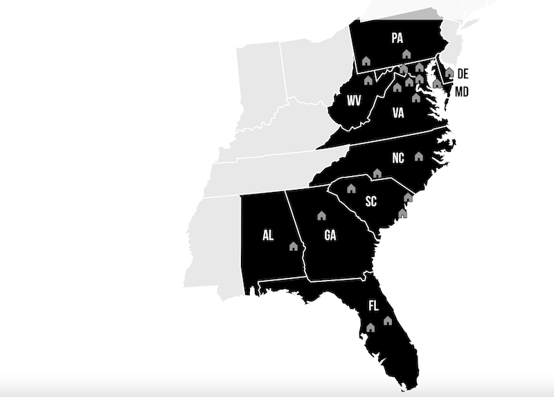 A map of U.S. Mid-Atlantic and Southeastern states, the operating area of DRB Group homebuilders