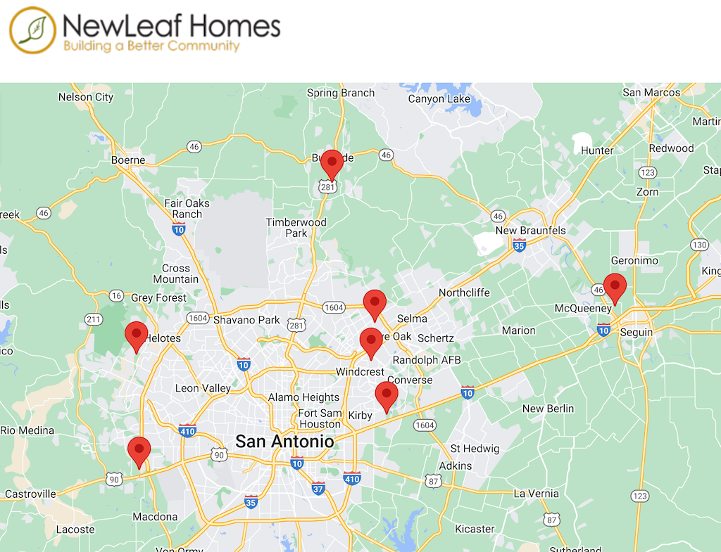 A San Antonio, TX-area map showing locations of New Leaf Homes communities